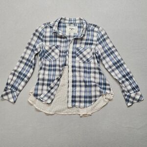 Holding Horses Anthropologie Plaid Mixed Media Peplum Shirt Blue XS Lace Trim